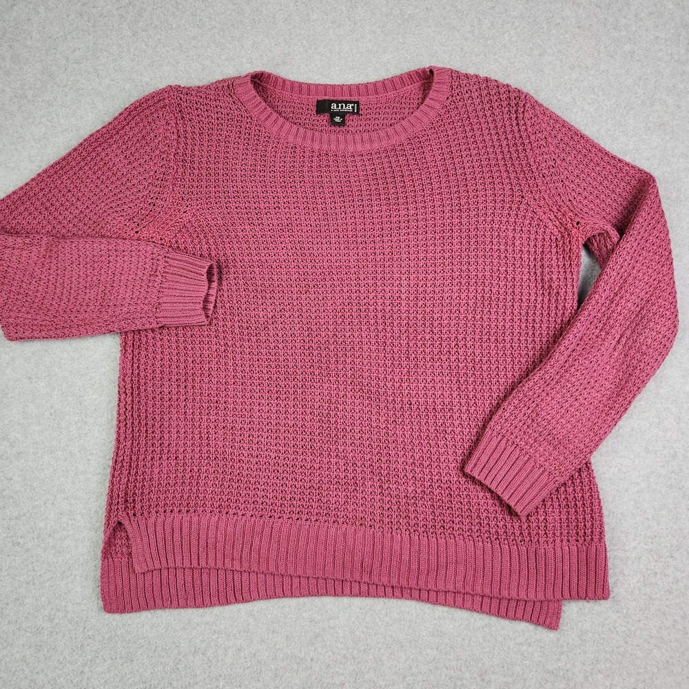 a.n.a Sweater Womens PM Pink Open Knit Crew Neck High Low Slit Crewneck Pullover